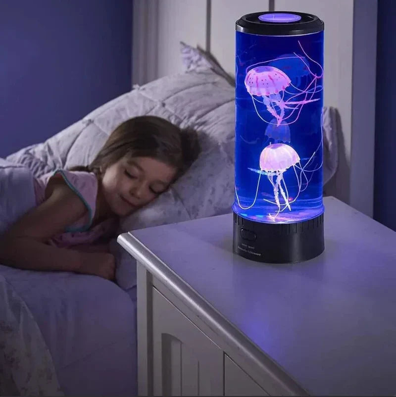 LED Jellyfish Aquarium Lamp, ambient mood light for home decor. Realistic swimming jellyfish, relaxing ocean night light, unique gift.