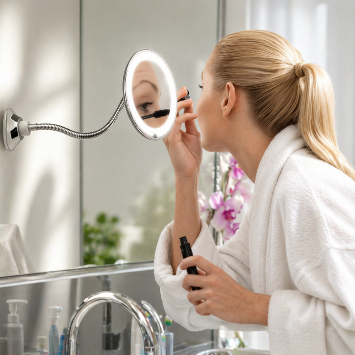 LED magnifying bathroom mirror with a flexible arm, ideal for makeup application & grooming.