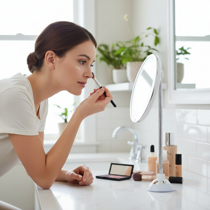 Portable LED magnifying mirror with strong suction cup & flexible arm for easy bathroom mounting.
