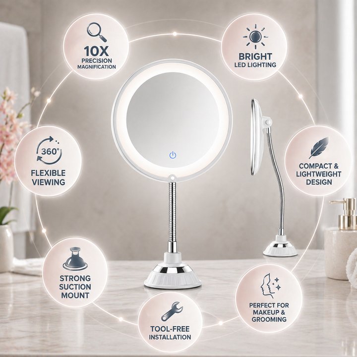 Illuminated LED makeup mirror with flexible arm & magnification for precise grooming in any bathroom.