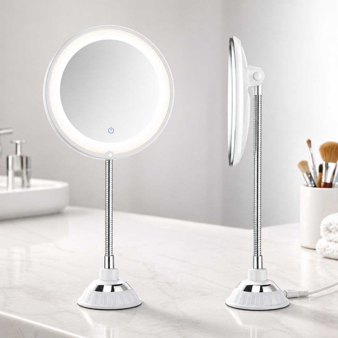 Flexible arm LED magnifying mirror provides clear, illuminated close-up views for detailed grooming.