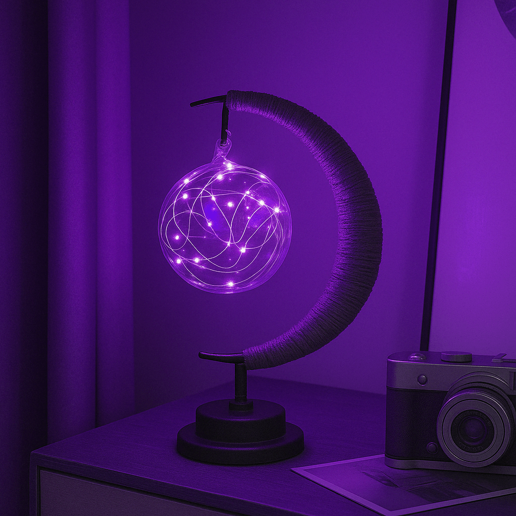 Close-up of the LED Moon Star Night Light, highlighting its intricate woven hemp rope design and warm, gentle illumination.