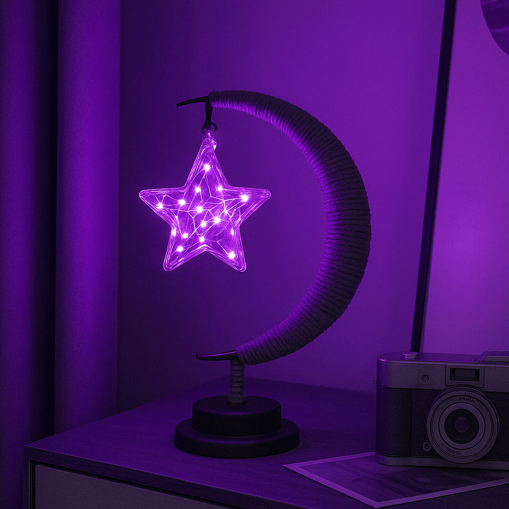 The LED Moon Star Night Light placed on a fireplace mantel, adding a cozy and magical atmosphere to the room during festive occasions.