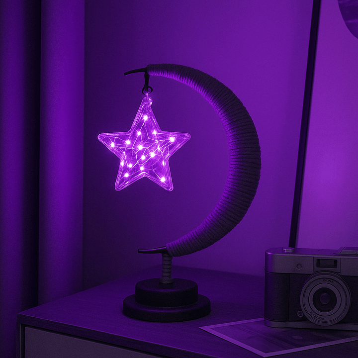 The LED Moon Star Night Light placed on a fireplace mantel, adding a cozy and magical atmosphere to the room during festive occasions.