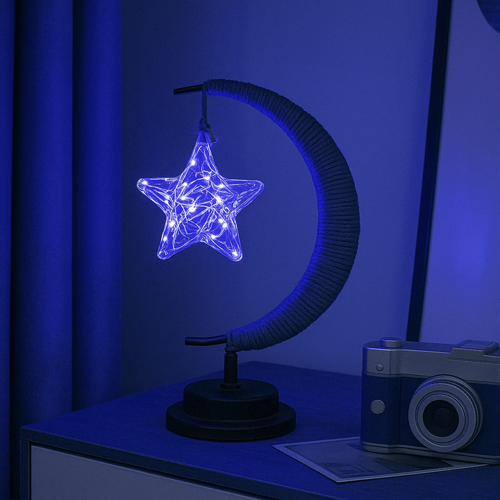 The LED Moon Star Night Light, powered by batteries, demonstrating its portability and convenience for various decorative uses.