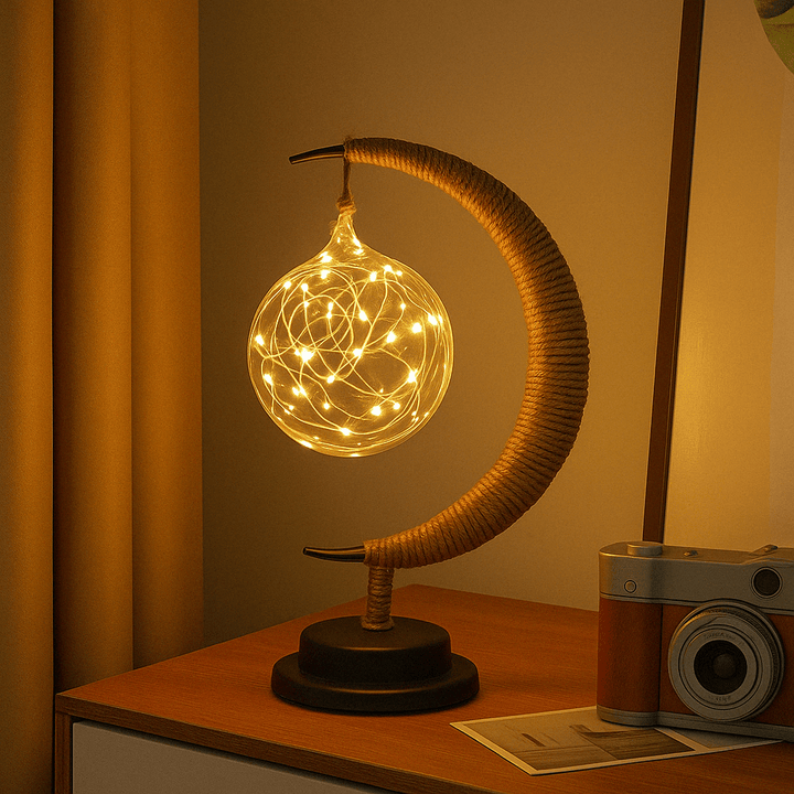 A decorative arrangement featuring the LED Moon Star Night Light alongside other home decor items, showcasing its versatility.