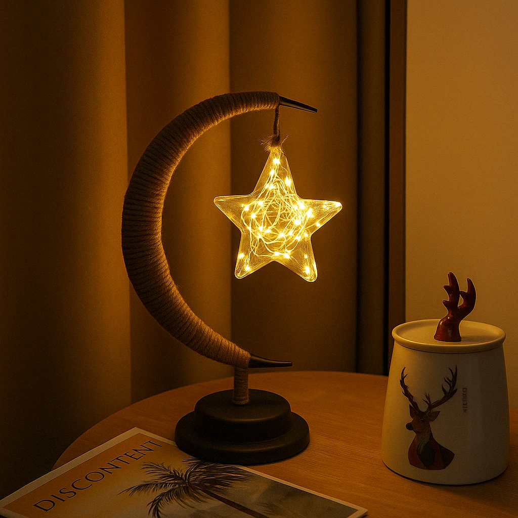 Detail shot of the woven hemp rope texture on the LED Moon Star Night Light, emphasizing its handcrafted appeal.