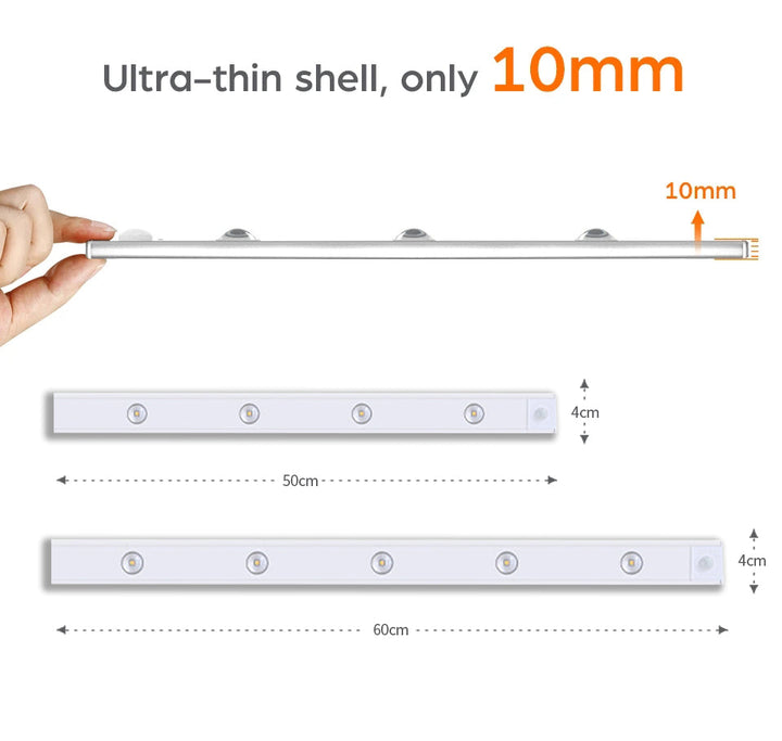 "LED motion sensor under cabinet light with cat-eye bulb, adjustable luminance, and magnetic installation in kitchen setting.
