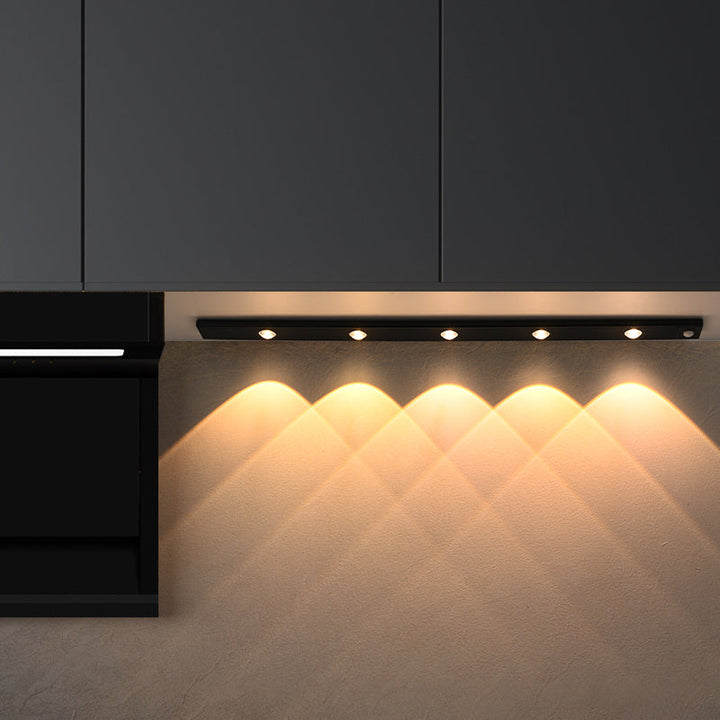 "LED motion sensor under cabinet light with cat-eye bulb, adjustable luminance, and magnetic installation in kitchen setting.