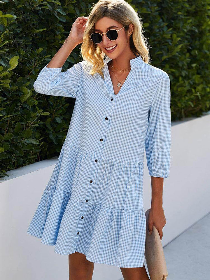 Light blue flowy maxi dress for women, perfect for summer casual outings or elegant vacation wear. Breezy day dress.