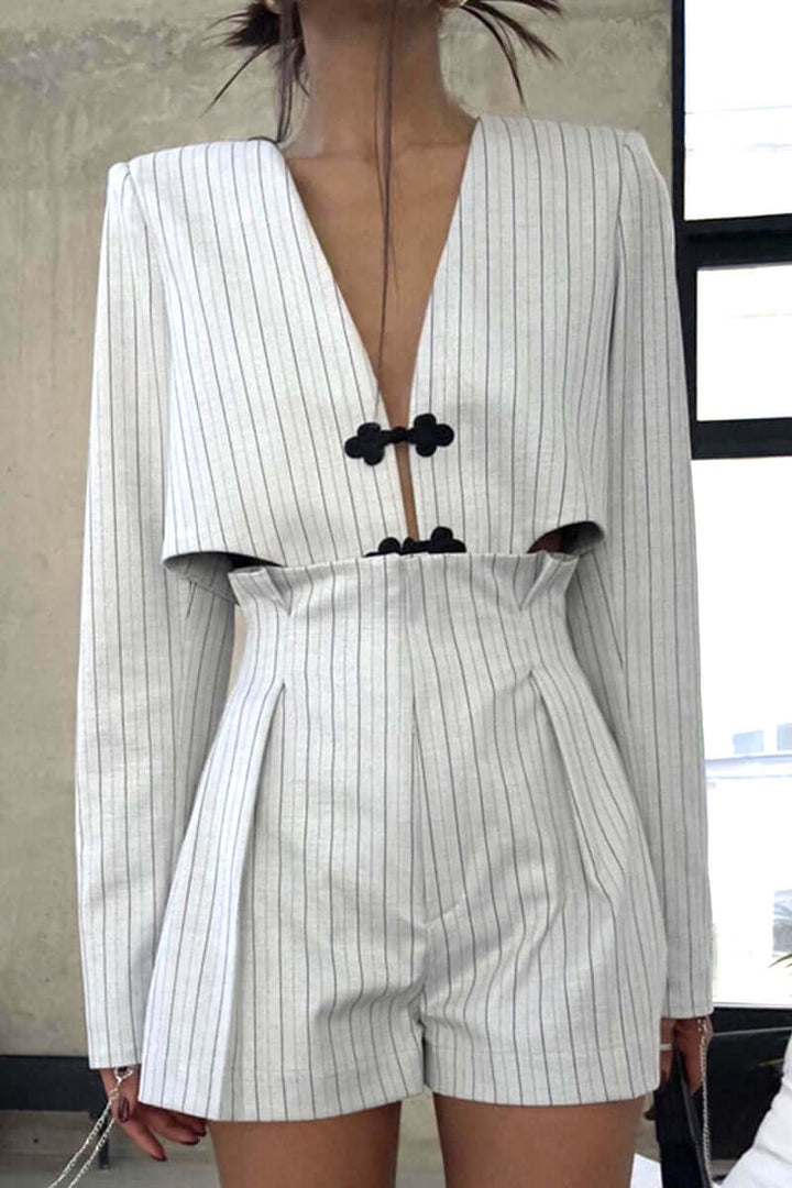 Light gray women's V-neck long sleeve top and striped high-waist shorts set, perfect for casual summer loungewear.