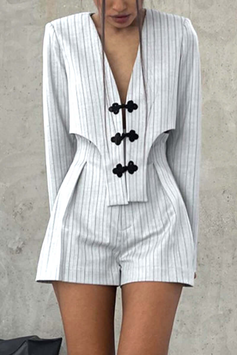 Comfortable women's two-piece set: a stylish V-neck long sleeve top with matching striped high-waist shorts.