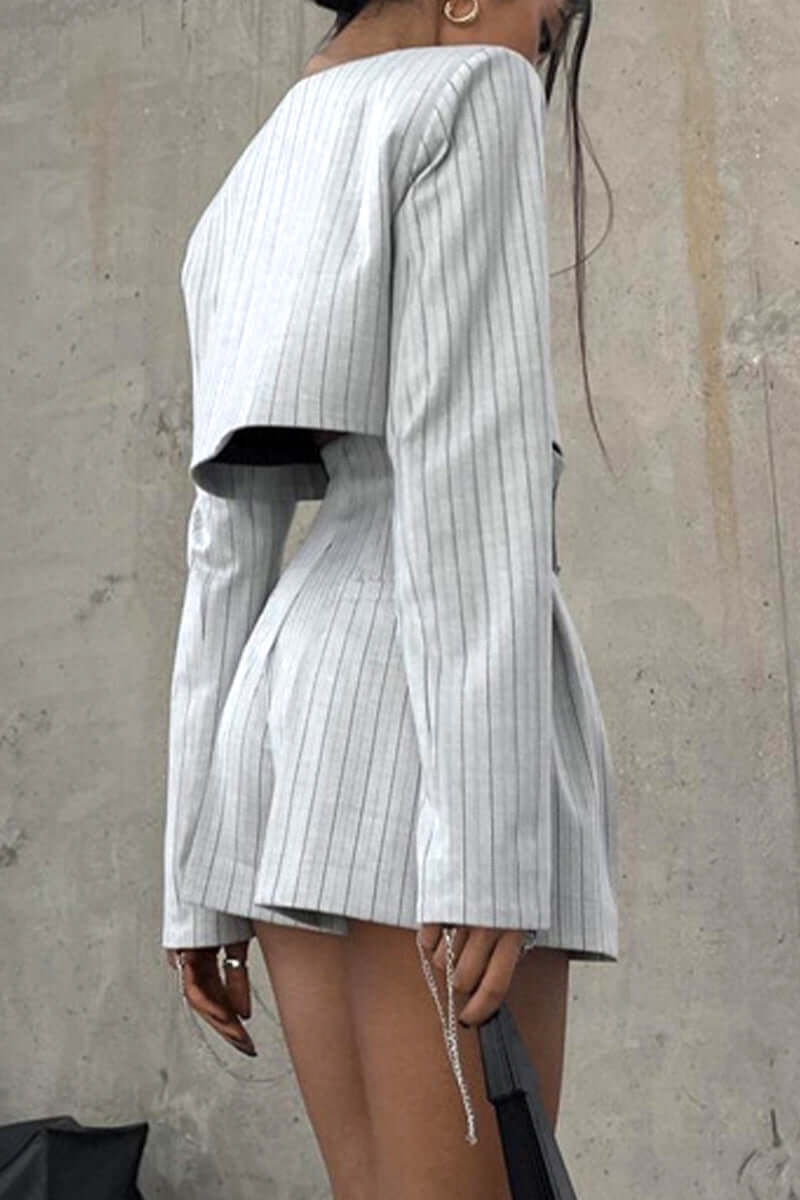 Women's V-neck long sleeve top & striped high-waist shorts set in light gray, versatile for loungewear or casual outings.