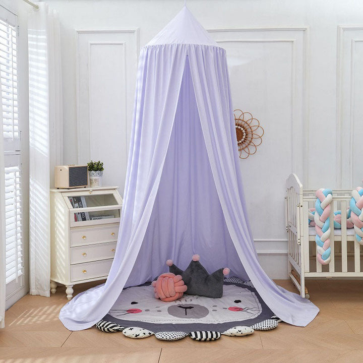 "Light green children's blackout bed canopy; elegant polyester fabric; blocks light; ideal for cribs, creating a cozy vibe."
