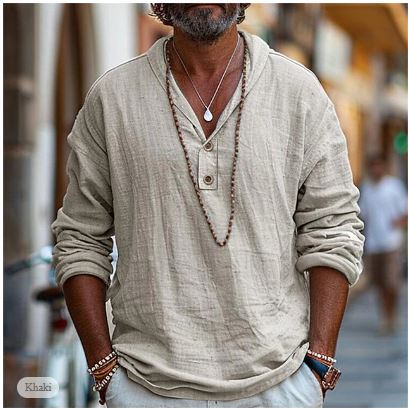 Lightweight men's casual popover shirt, long sleeve for summer comfort. Perfect for travel & holiday wear.