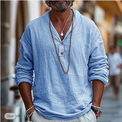 Men's relaxed fit popover shirt, a stylish long-sleeve casual top for summer fashion and easy wear.