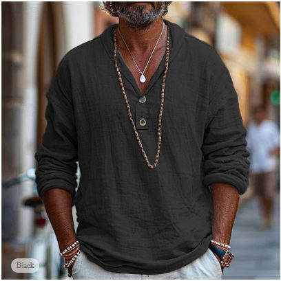 Comfortable men's lightweight popover shirt, long-sleeve design ideal for casual summer outfits & travel.