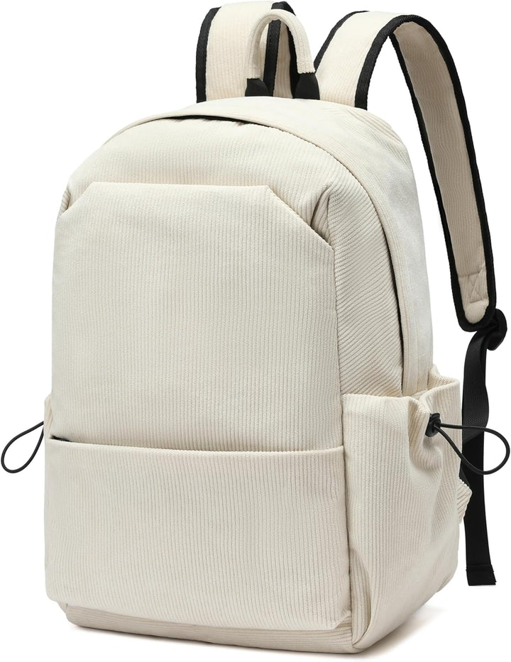 Tan corduroy water-resistant laptop backpack, organized & lightweight, ideal for daily commute.