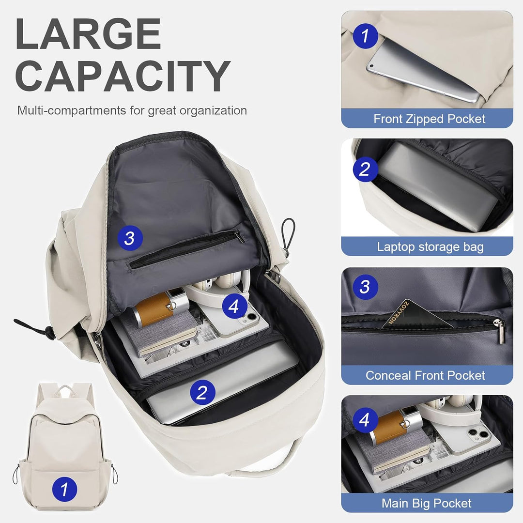 Front view of a black lightweight water-resistant laptop backpack with multiple organized pockets.