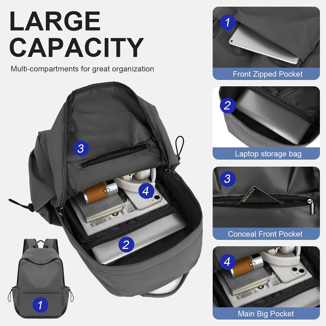 Organized multi-compartment water-resistant backpack for laptops, lightweight & unisex design.