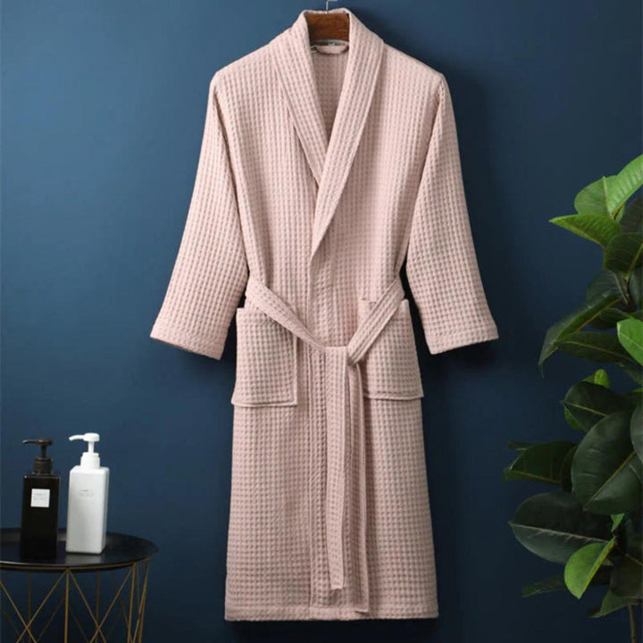Lightweight unisex waffle cotton terry bathrobe, soft, breathable, perfect for spa, summer loungewear.