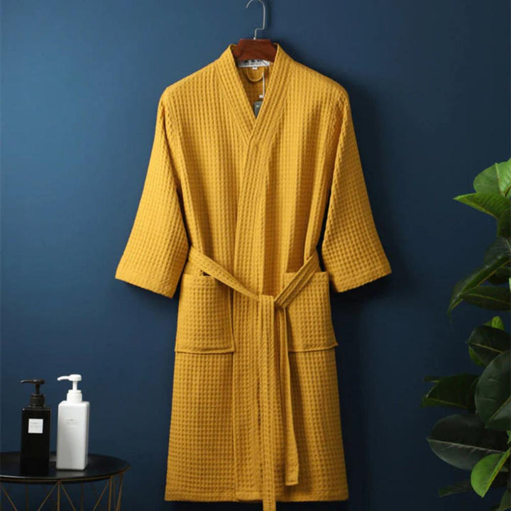 Comfortable unisex waffle cotton terry bathrobe, lightweight & breathable, great for summer, spa, or lounging.