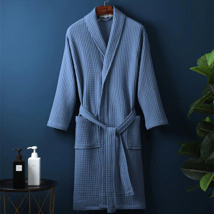 Textured waffle cotton terry unisex bathrobe, lightweight, soft & breathable for ultimate summer comfort.