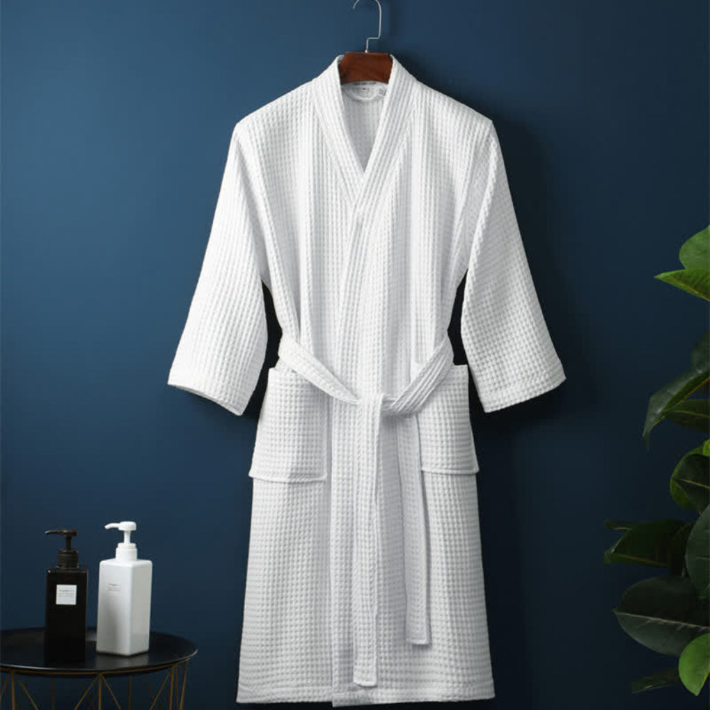 Breathable & soft lightweight waffle cotton terry bathrobe, unisex, perfect for summer, spa, and everyday lounging.