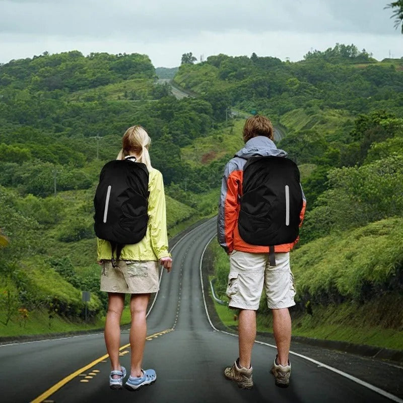 Lightweight waterproof backpack rain cover with reflective strip for enhanced visibility & gear protection.
