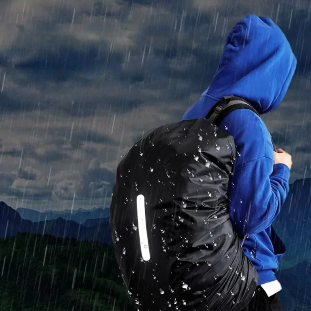High-visibility reflective waterproof backpack cover, a must-have for safe cycling & trekking in rain.