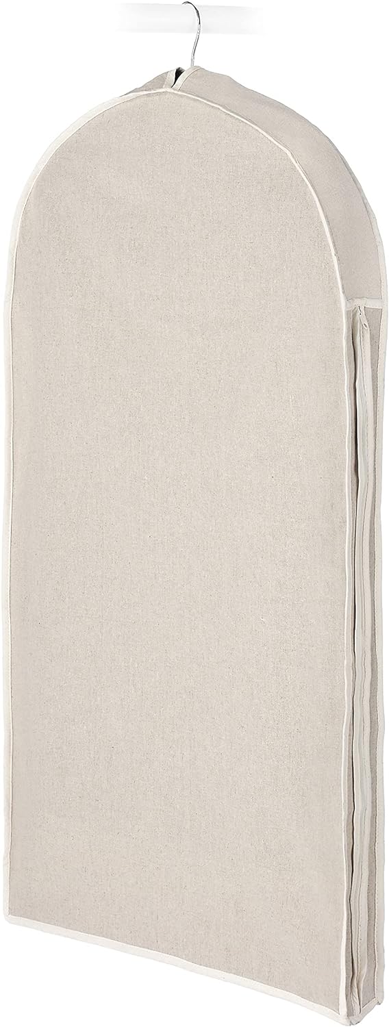 Linen zippered garment cover for suit & dress protection. Dustproof clothing storage for wardrobe organization.