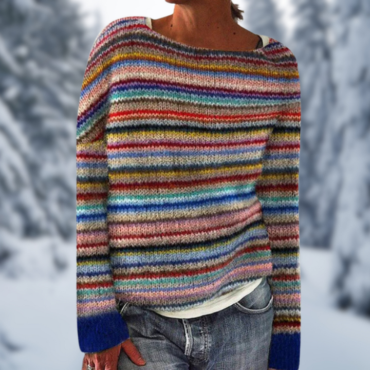 Liora women's cheerful striped knit jumper. Long sleeve, round neck, timeless style for all-day casual & elegant comfort.