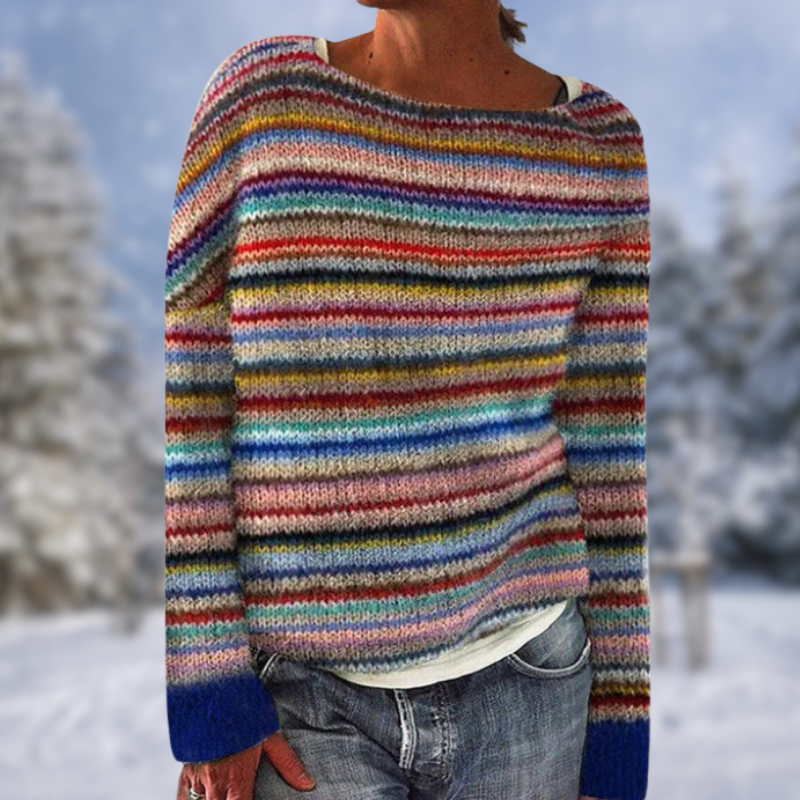 Fashionable women's striped long sleeve jumper. Versatile round neck knit top for casual elegance & comfort.
