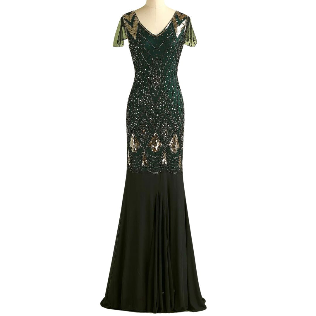 Charice Long 20s flapper dress, vintage style women's evening gown with shimmering sequins.