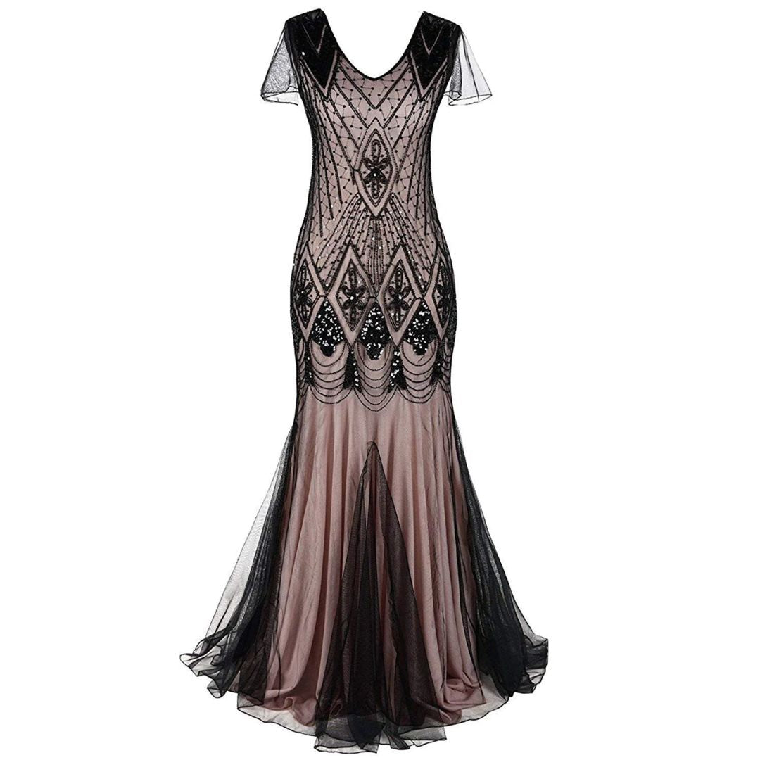 Elegant long sequin flapper dress for special occasions, embodying retro 1920s glam style.