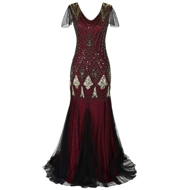 Women's Gatsby theme party dress, a long 1920s style gown featuring intricate sequin work.