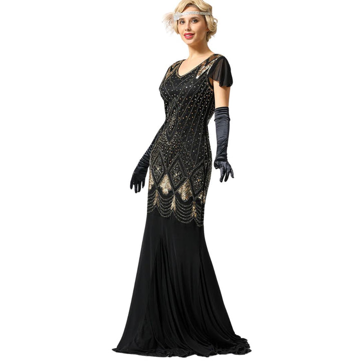 Sophisticated 1920s flapper dress for women, long design with sparkling sequins and classic style.