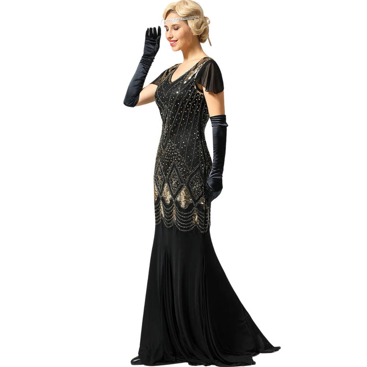 Retro glam Charice Long 20s flapper dress, a beautiful sequin gown for women's special events.