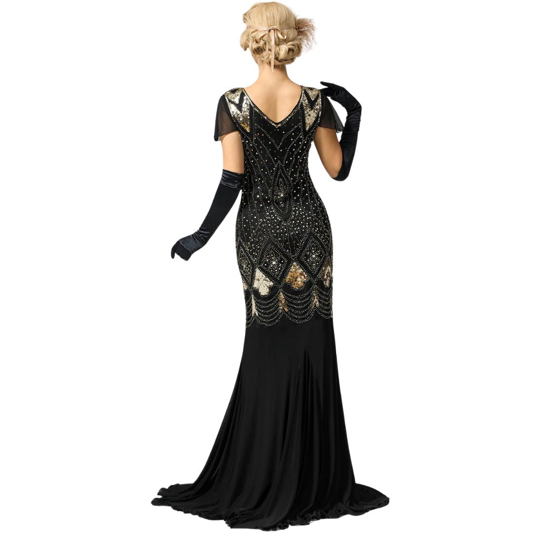 Shimmering long flapper dress with dazzling sequins, a luxurious women's 1920s party gown.