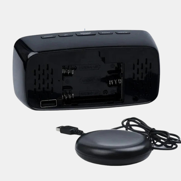 Modern vibrating alarm clock for deep sleepers. Features a powerful bed shaker, loud alarm, and clear digital display.