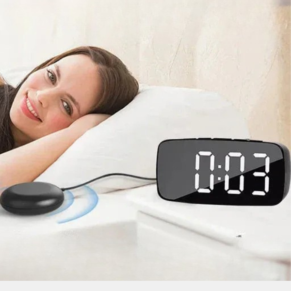 Vibrating digital alarm clock with separate bed shaker for reliable wake-ups. Ideal for deep sleepers & the hearing impaired.