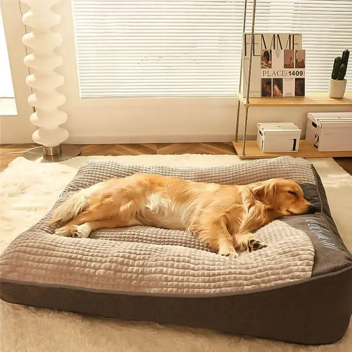 "Luxurious calming washable dog cushion in soft faux fur, available in sizes for all dogs, promotes stress-free relaxation."