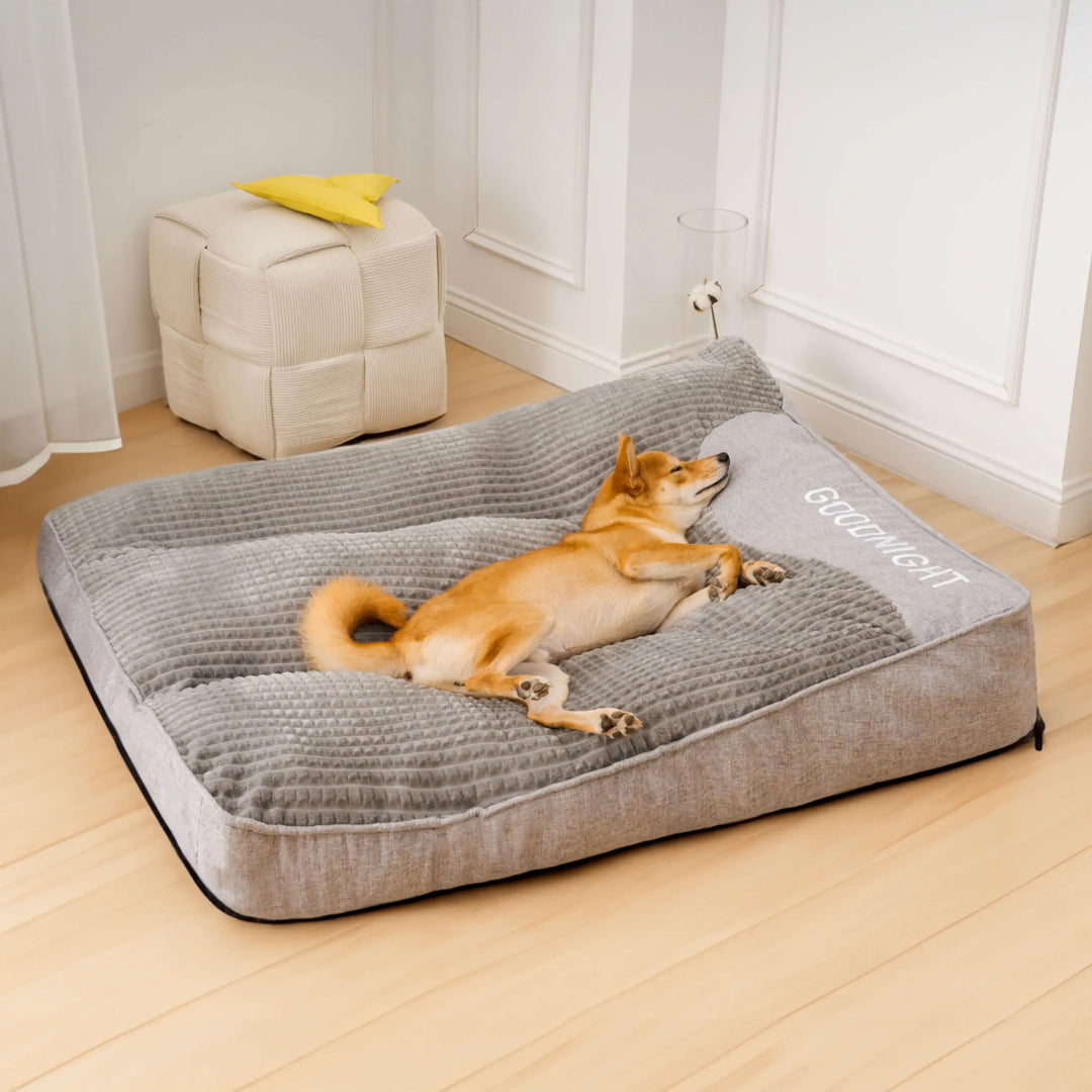 "Luxurious calming washable dog cushion in soft faux fur, available in sizes for all dogs, promotes stress-free relaxation."