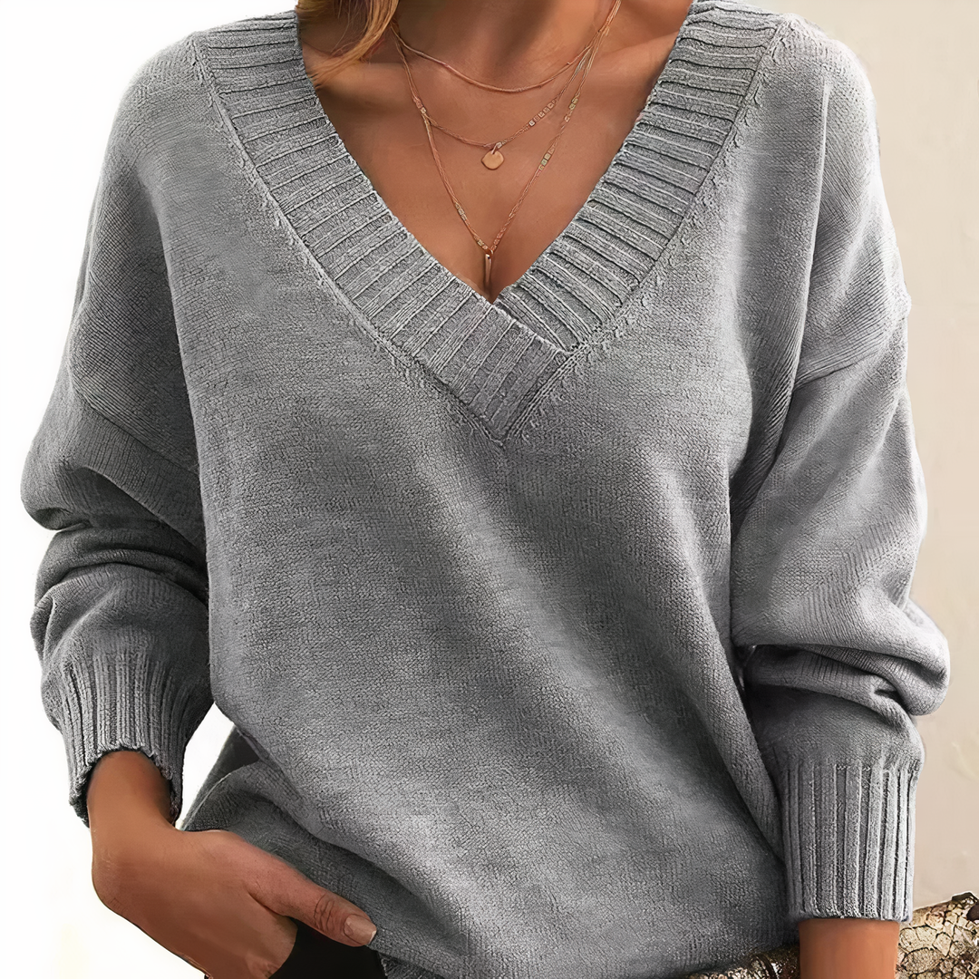 Isabella women's luxurious cashmere V-neck sweater. Soft knit top for elegant, cozy fall & winter fashion.