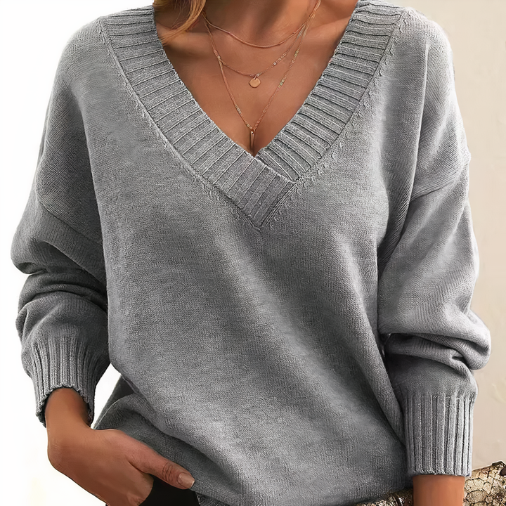Isabella women's luxurious cashmere V-neck sweater. Soft knit top for elegant, cozy fall & winter fashion.