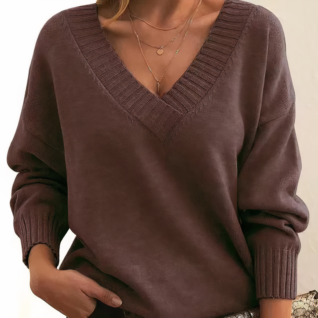 Luxurious women's V-neck knit sweater. Isabella cashmere top for elegant, cozy fall & winter fashion.