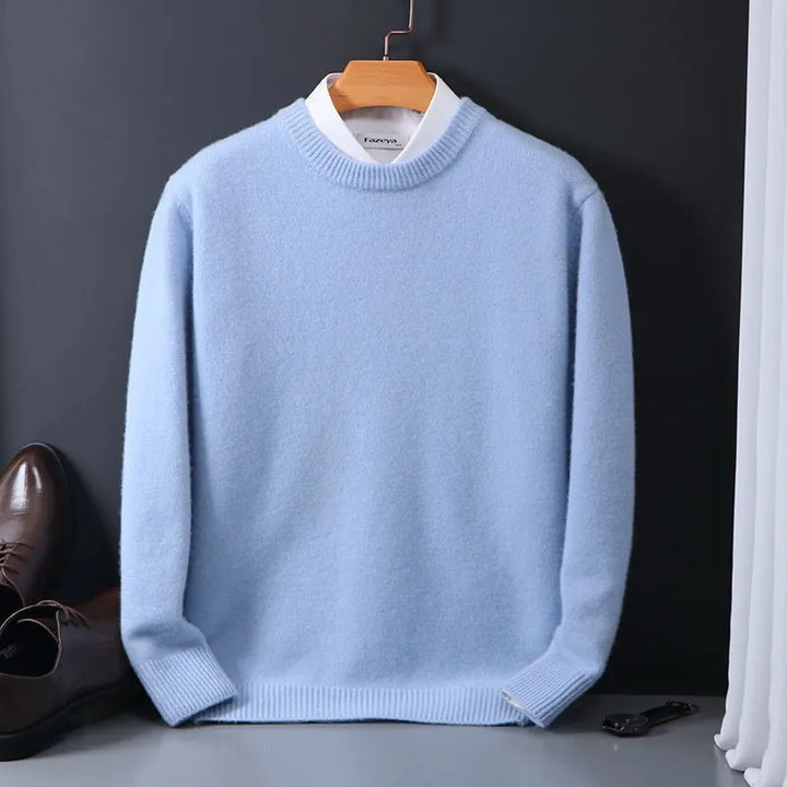 Soft men's cashmere pullover sweater. Elegant long-sleeve top, ideal for comfortable fall & winter men's fashion.