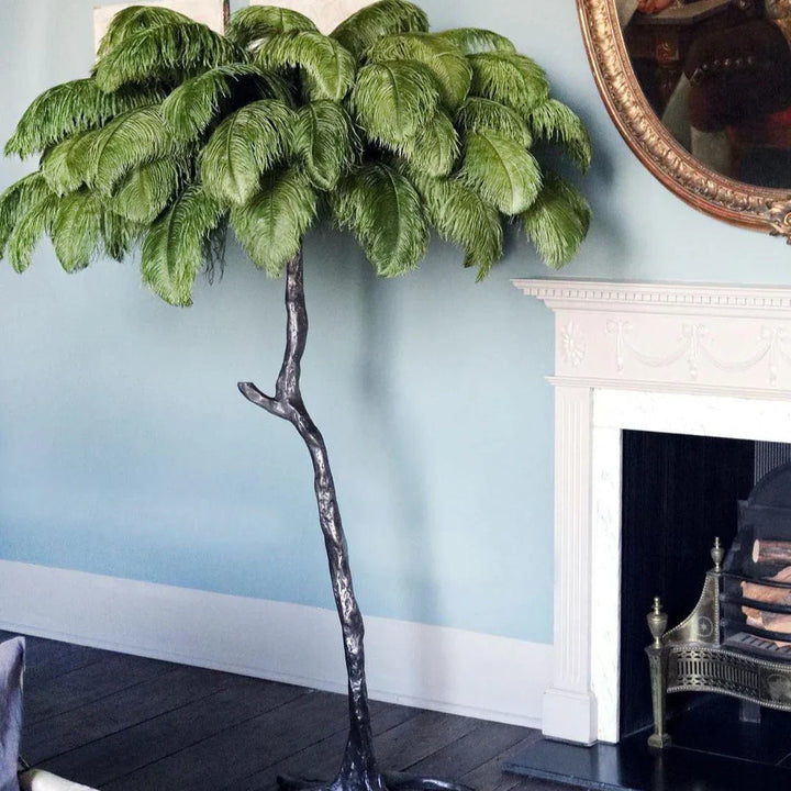 Luxurious Ostrich Feather Floor Lamp with cascading feathers, polished brass finish, and resin base for elegant home lighting