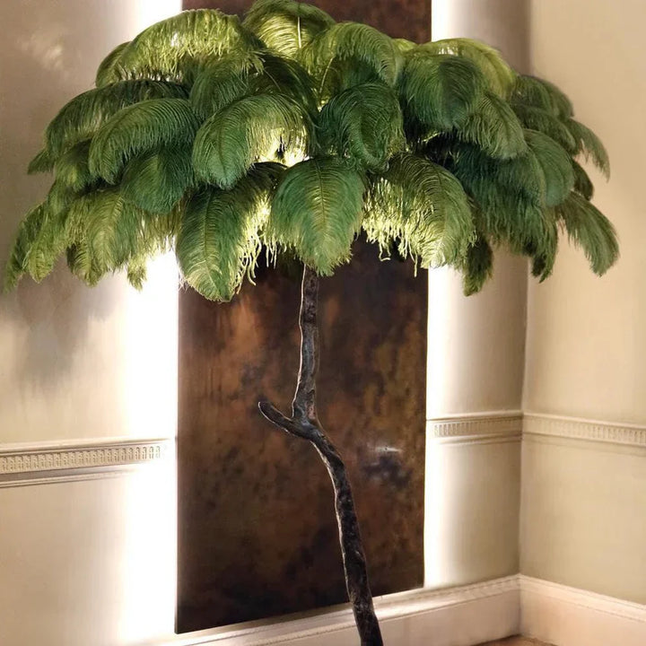 Luxurious Ostrich Feather Floor Lamp with cascading feathers, polished brass finish, and resin base for elegant home lighting