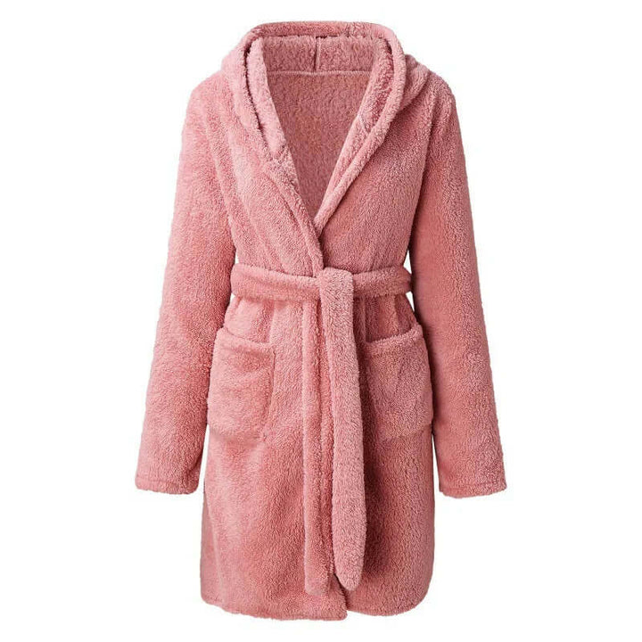 Soft women's hooded plush bathrobe. Ultimate comfort in this warm, knee-length fleece robe for lounging.